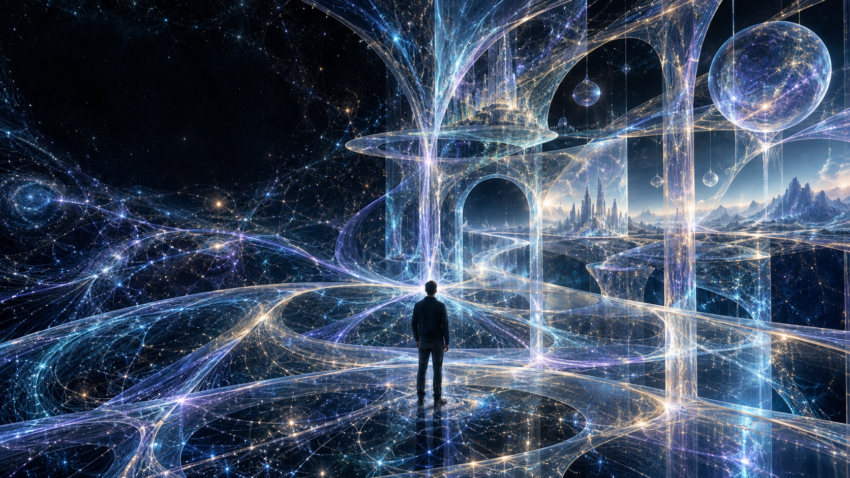 An observer stands within an energetic environment that transforms from a luminous network into a three-dimensional world.