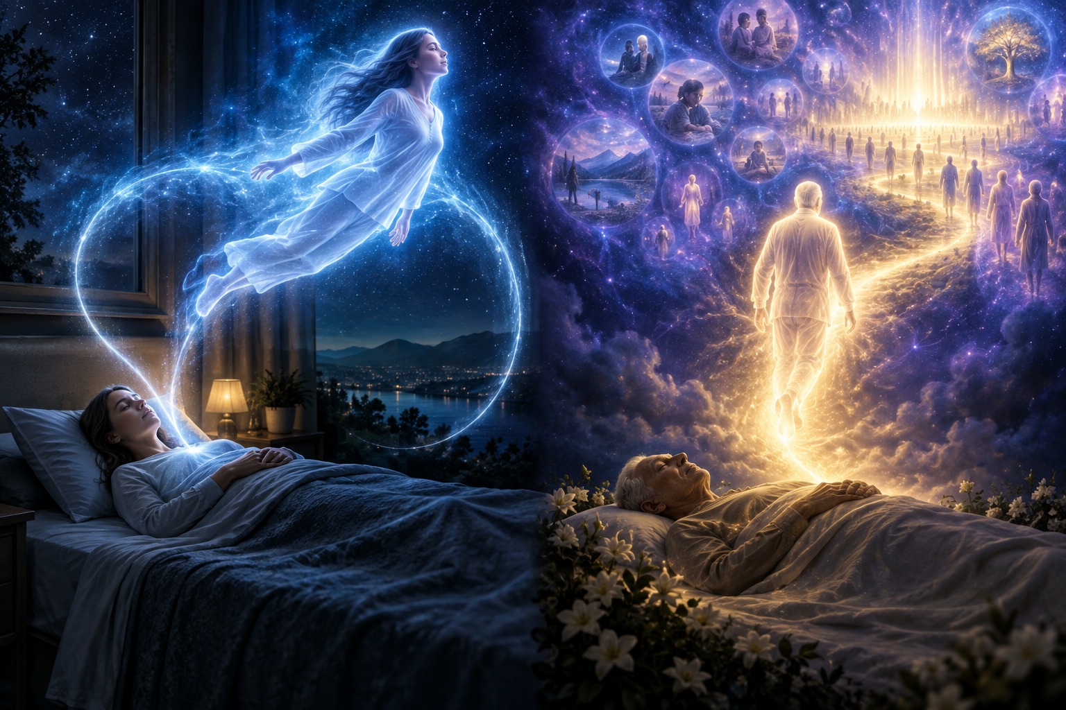 An artistic comparison between a temporary out-of-body experience and physical death