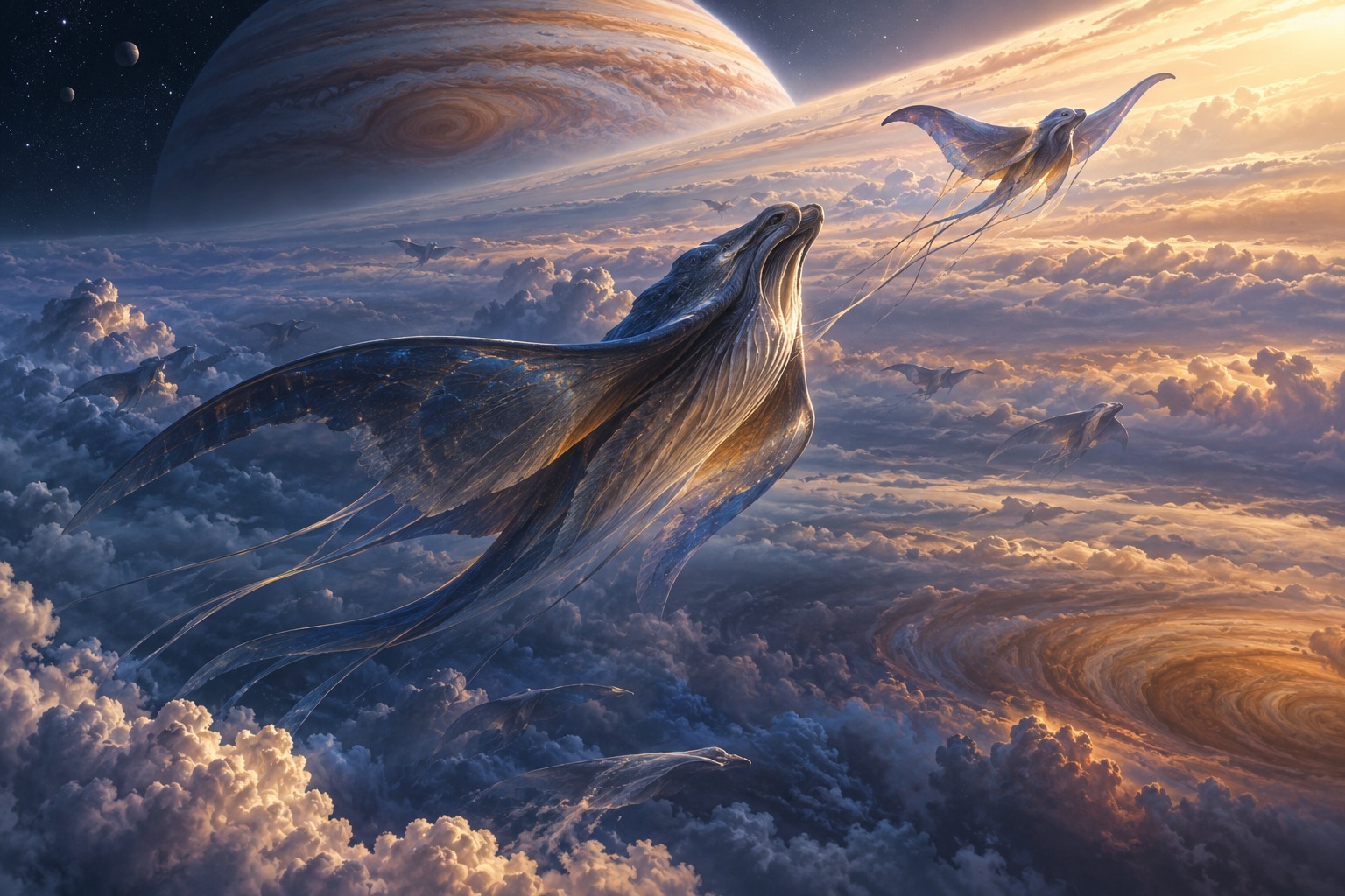 An artistic visualization of life within the atmosphere of a gas giant